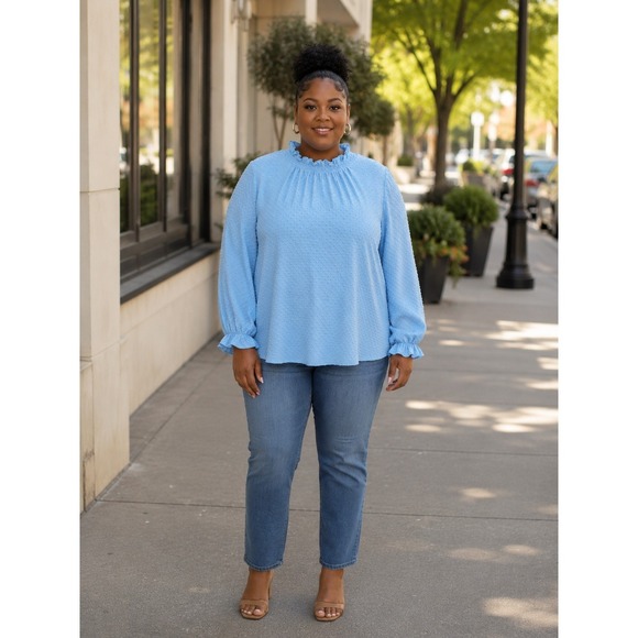 J.CREW Tops - J.Crew XXL Light Blue Swiss Dot Mock Neck Blouse Long Sleeve Textured Top Career